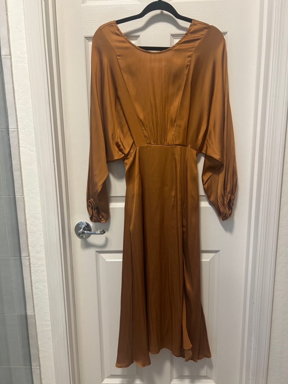 Astr Draped Satin Midi Dress in Rust Brown